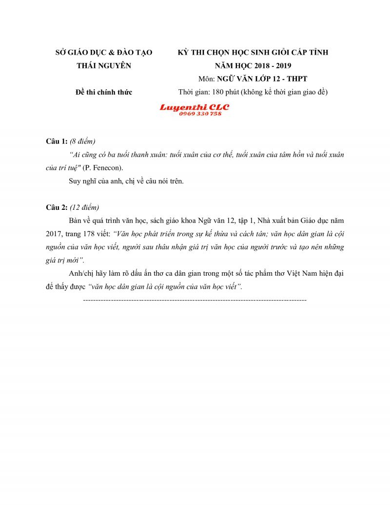 Đề thi chọn HSG cấp tỉnh m&ocirc;n Ngữ Văn lớp 12 tỉnh Th&aacute;i Nguy&ecirc;n năm 2018