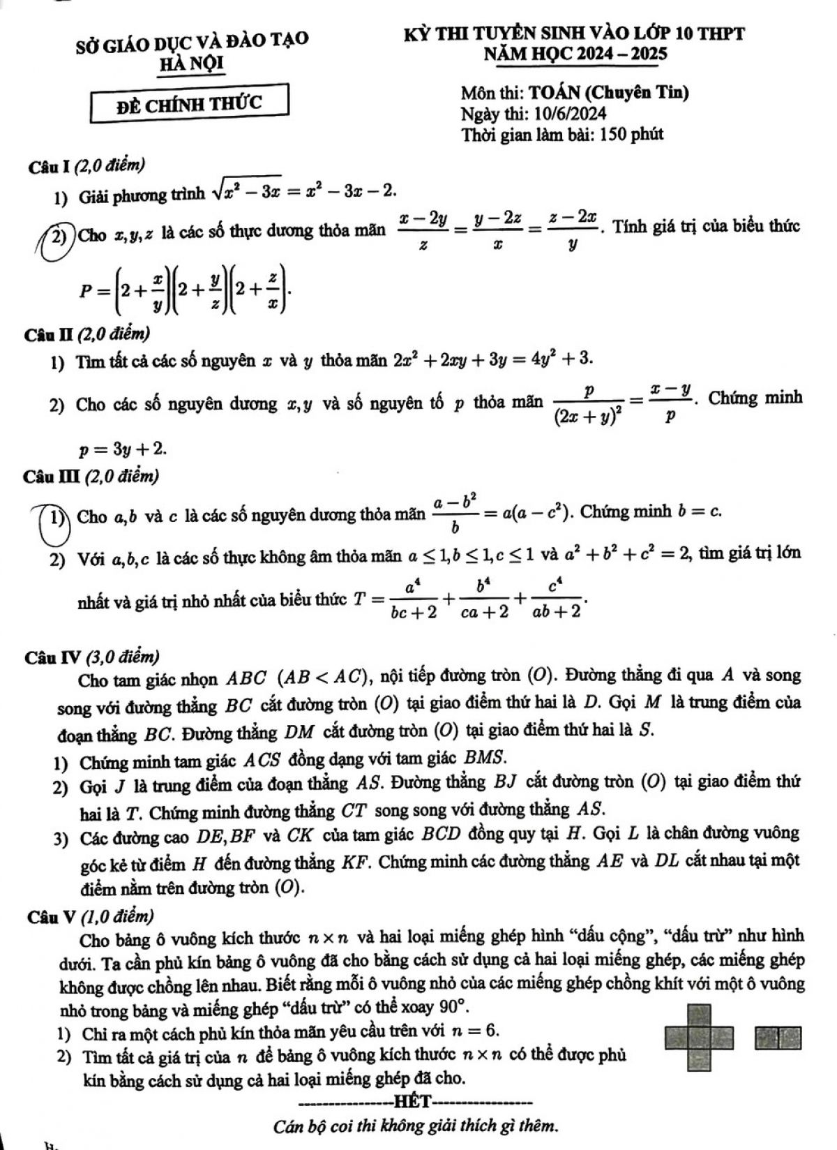 Đề thi vào lớp 10 THPT chuyên Tin môn Toán sở GD&amp;ĐT TP Hà Nội năm 2024-2025