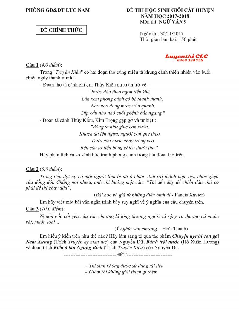 Đề thi HSG cấp huyện m&ocirc;n Ngữ Văn 9 huyện Lục Nam, Bắc Giang năm 2017