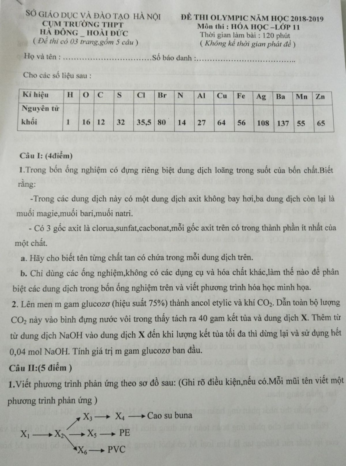 Đề thi Olympic môn Hóa Học lớp 11 cụm THPT Hà Đông - Hoài Đức, Hà Nội năm 2019