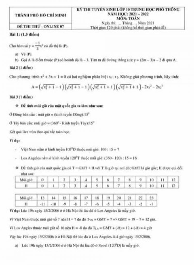 Đề thi thử tuyển sinh vào lớp 10 THPT môn Toán tại thành phố Hồ Chí Minh năm 2021 - Đề số 07