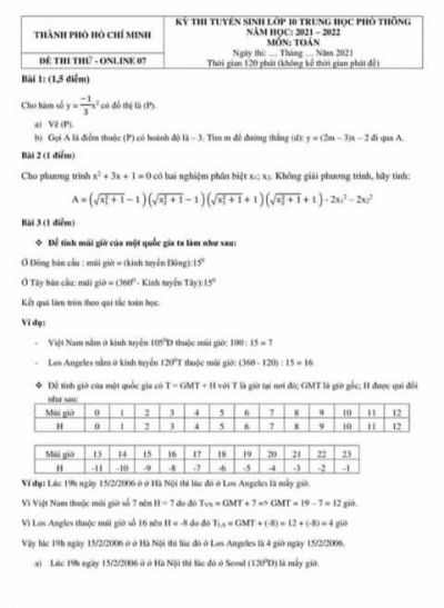 Đề thi thử tuyển sinh vào lớp 10 THPT môn Toán tại thành phố Hồ Chí Minh năm 2021 - Đề số 07