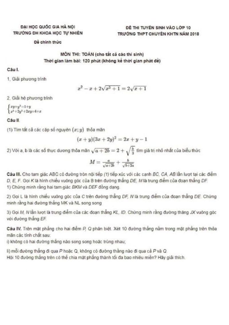 Đề thi tuyển sinh v&agrave;o lớp 10 m&ocirc;n To&aacute;n Trường THPT CHUY&Ecirc;N KHTN năm 2018