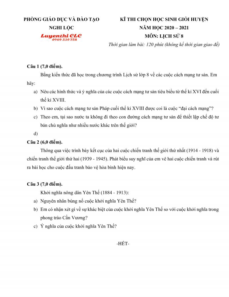 Đề thi chọn HSG m&ocirc;n Lịch Sử huyện Nghi Lộc tỉnh Nghệ An năm 2020