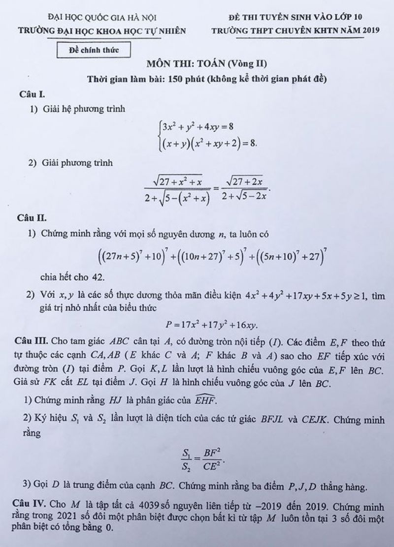 Đề thi tuyển sinh vào lớp 10 Trường THPT CHUYÊN KHTN môn Toán tại Hà Nội năm 2019
