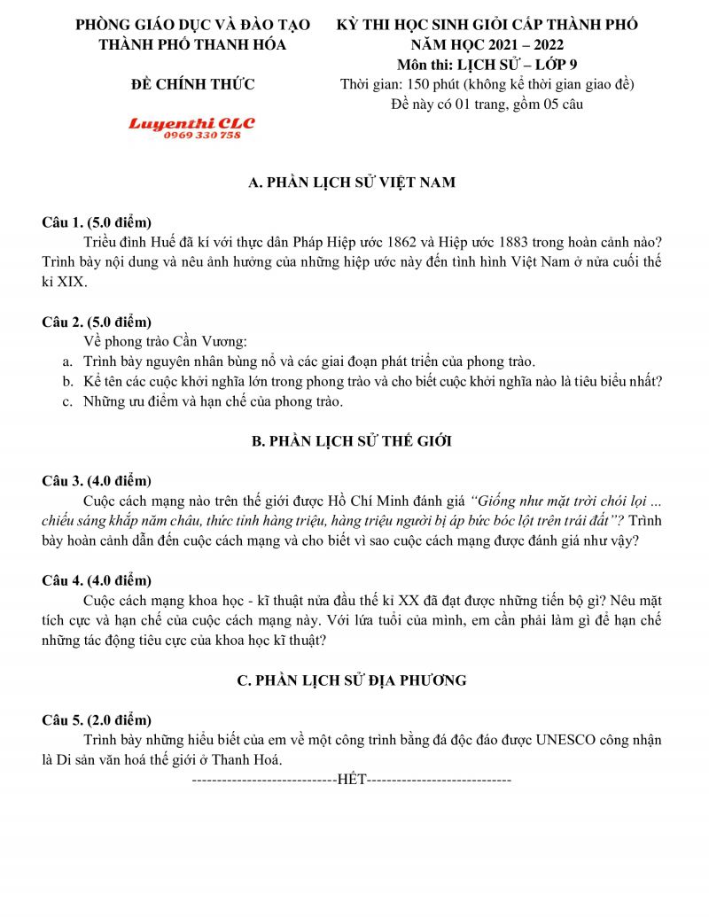 Đề thi chọn HSG m&ocirc;n Lịch Sử lớp 9 tỉnh Thanh H&oacute;a năm 2021