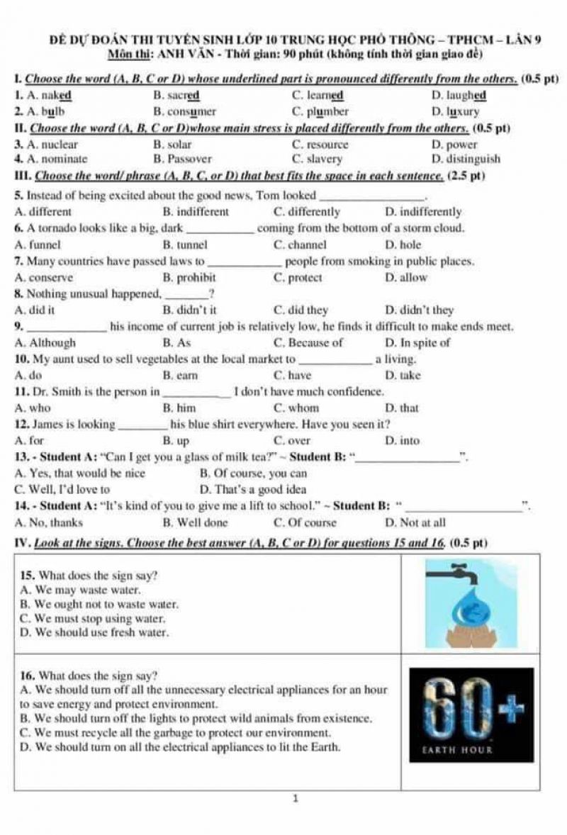 Đề dự đo&aacute;n thi tuyển sinh v&agrave;o lớp 10 THPT - TPHCM - Lần 9 m&ocirc;n Anh Văn