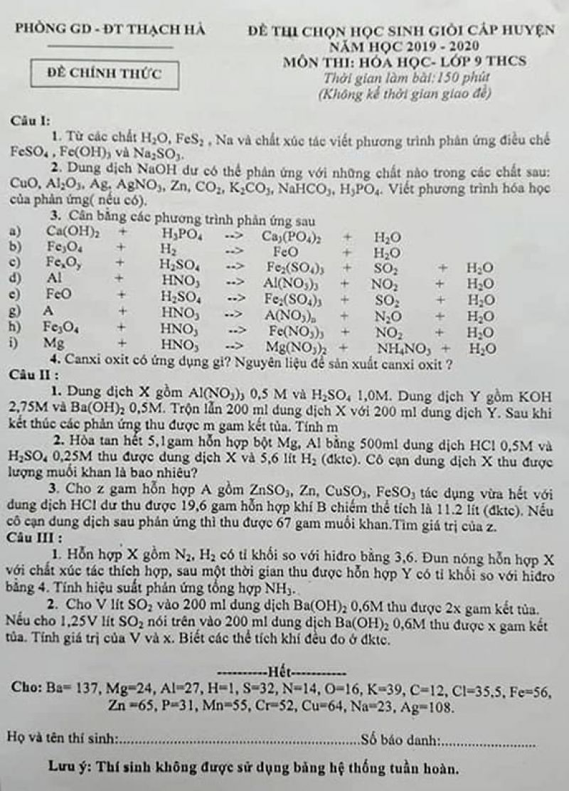 Đề thi chọn HSG và đáp án môn Hóa Học lớp 9 THCS huyện Thạch Hà, tỉnh Hà Tĩnh năm 2020