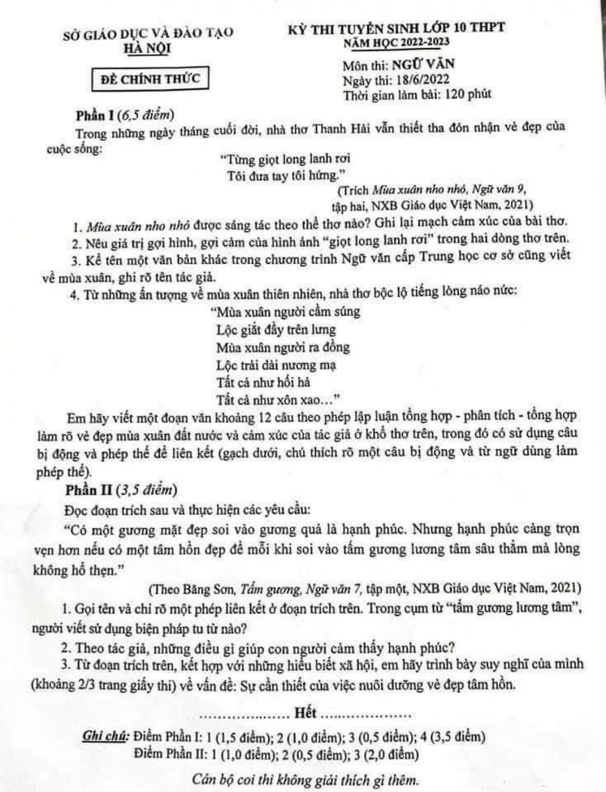 Đề thi tuyển sinh vào lớp 10 môn Ngữ Văn tại Hà Nội năm 2022