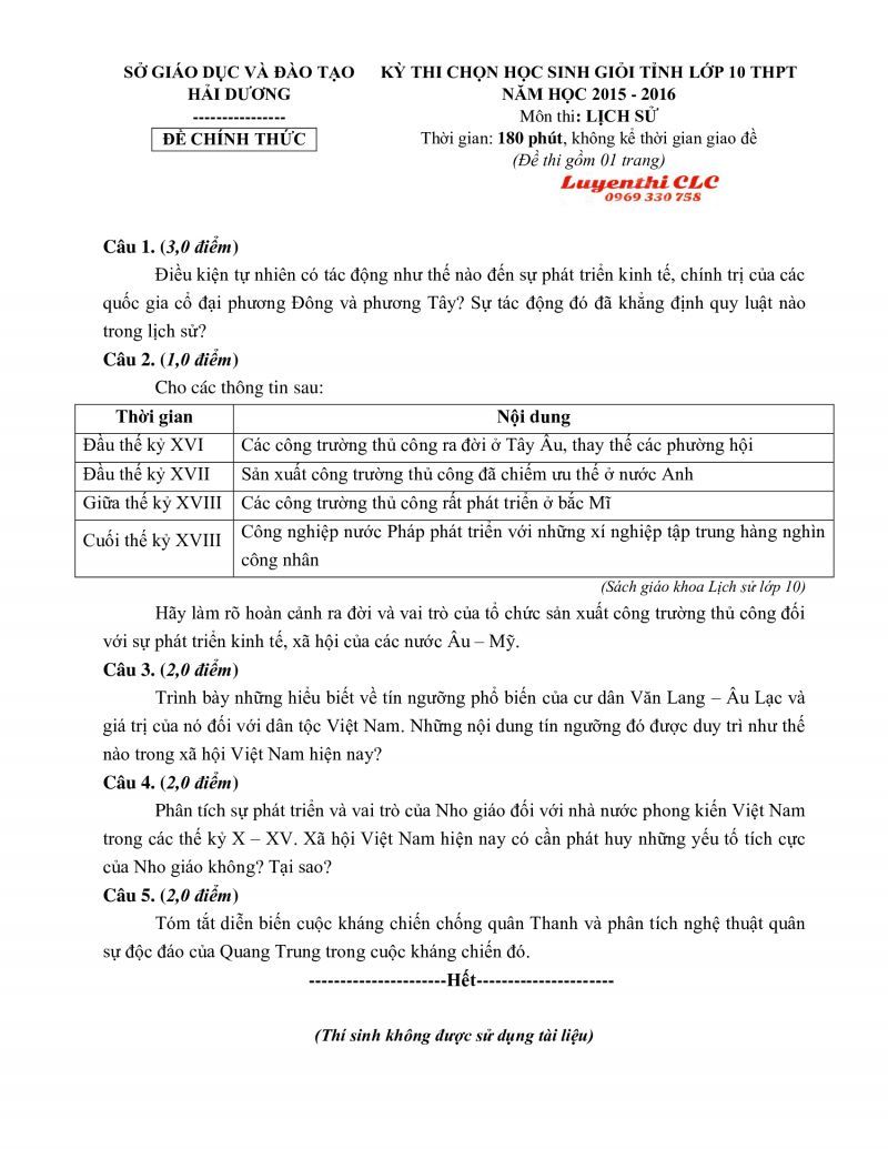 Đề thi chọn HSG Tỉnh lớp 10 THPT m&ocirc;n Lịch Sử tỉnh Hải Dương năm 2016