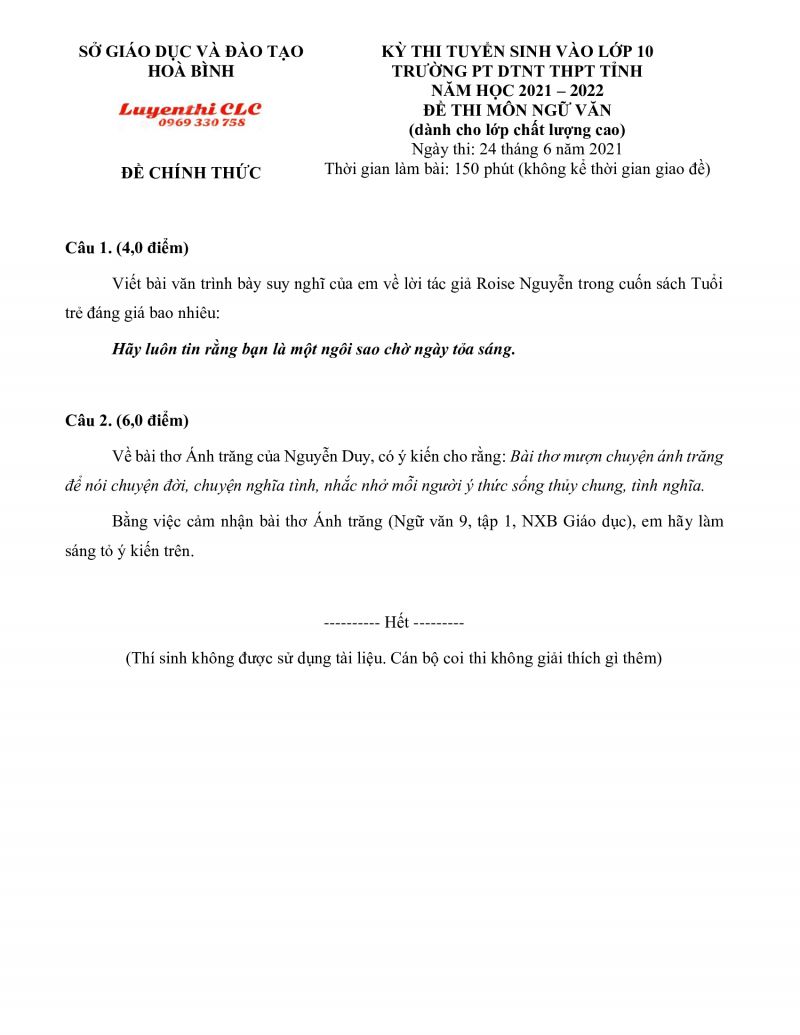 Đề thi vào lớp 10 môn Ngữ Văn Trường phổ thông dân tộc nội trú tỉnh Hòa Bình năm 2021