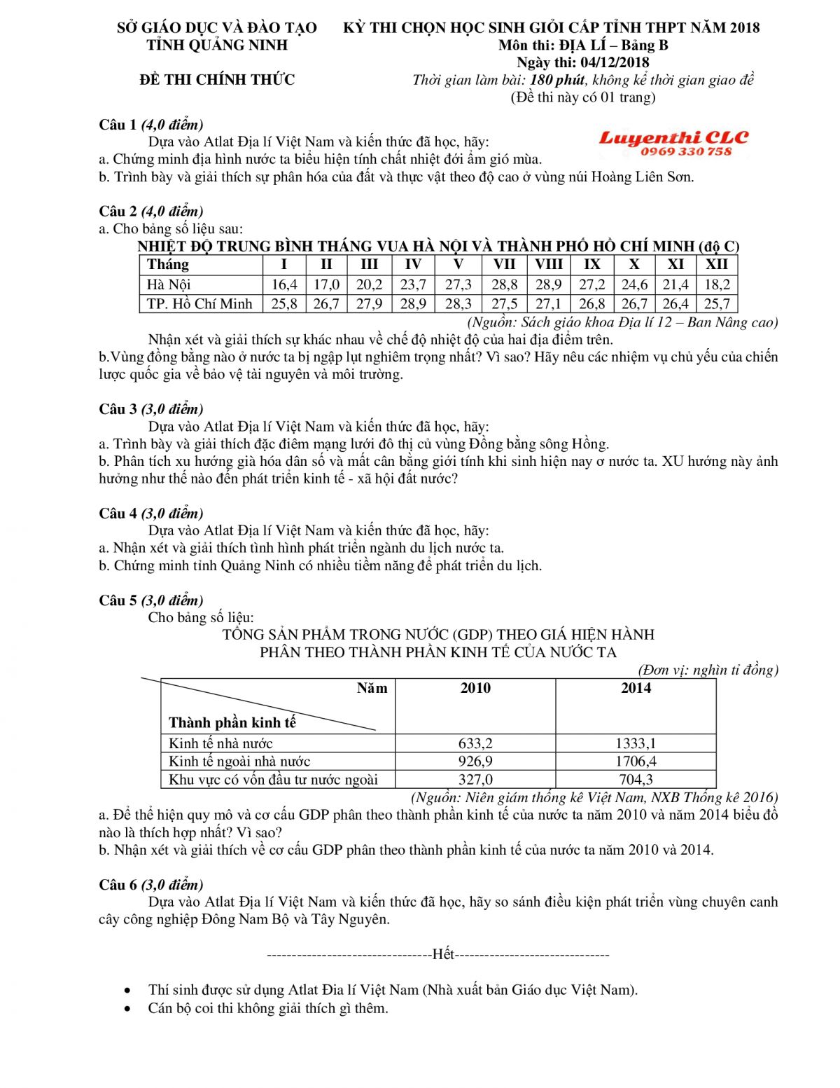 Đề thi chọn HSG cấp tỉnh THPT môn Địa Lí - Bảng B tỉnh Quảng Ninh năm 2018