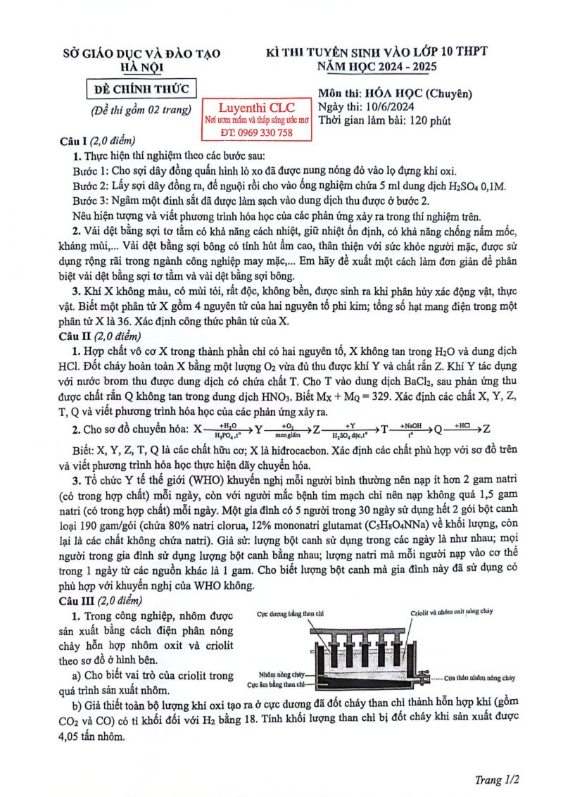 Đề thi vào lớp 10 THPT chuyên môn Hóa sở GD&amp;ĐT TP Hà Nội năm 2024-2025