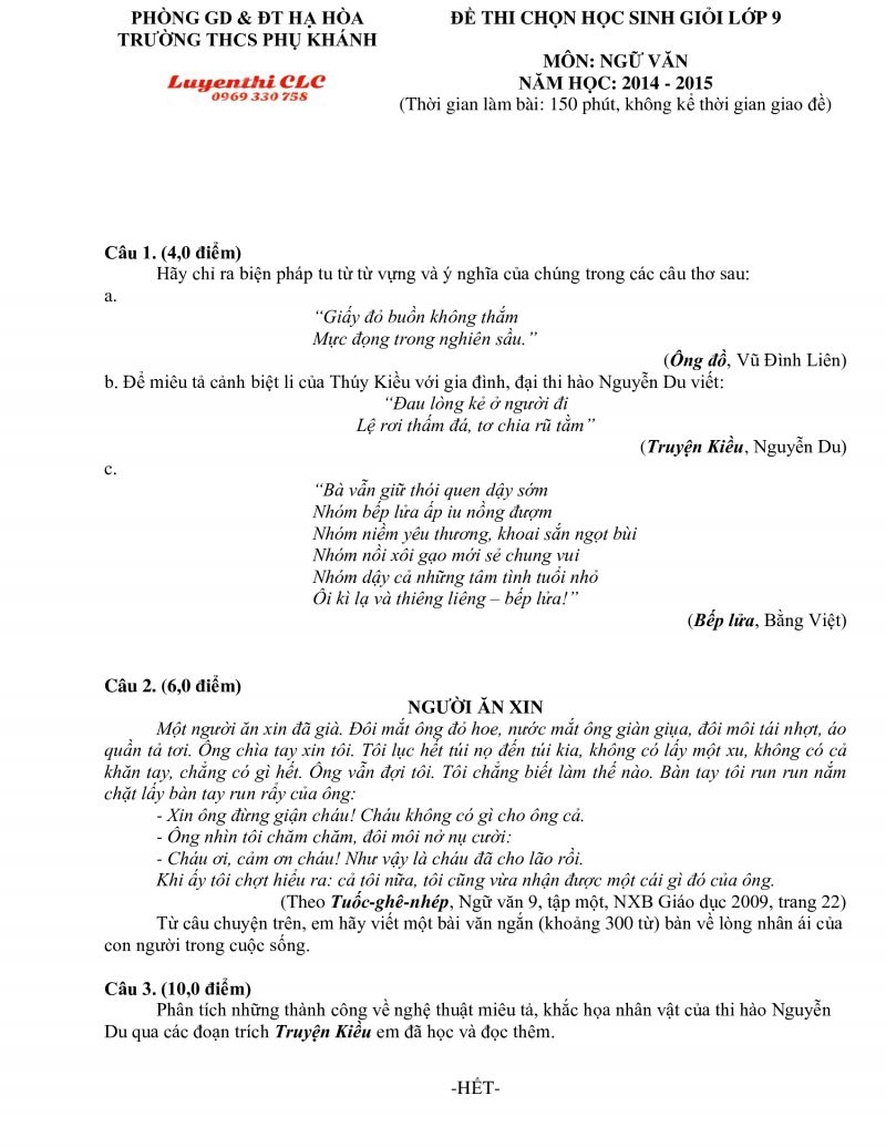 Đề thi chọn HSG môn Ngữ Văn lớp 9 Trường THCS Phụ Khánh huyện Hạ Hòa tỉnh Phú Thọ năm 2014