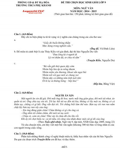 Đề thi chọn HSG môn Ngữ Văn lớp 9 Trường THCS Phụ Khánh huyện Hạ Hòa tỉnh Phú Thọ năm 2014