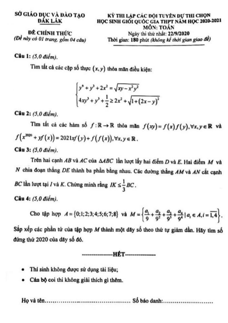 Đề thi lập c&aacute;c đội tuyển dự thi chọn HSG Quốc Gia THPT m&ocirc;n To&aacute;n tỉnh Đắk Lắk năm 2020