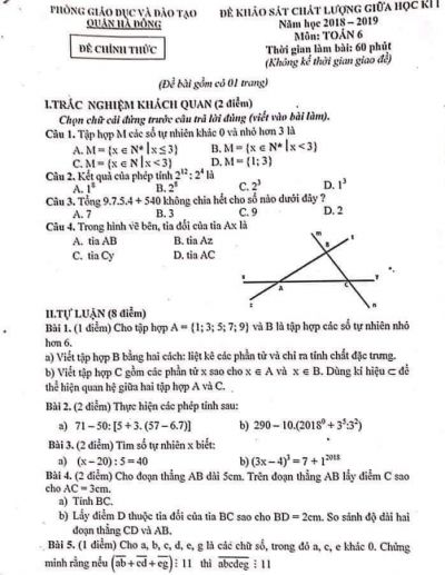 Đề KSCL giữa học kì I môn Toán 6 quận Hà Đông năm 2018