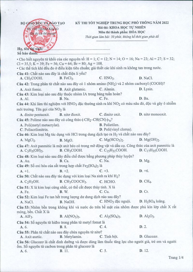 Đề thi tốt nghiệp THPT môn Hóa Học năm 2022 (Đề minh họa)