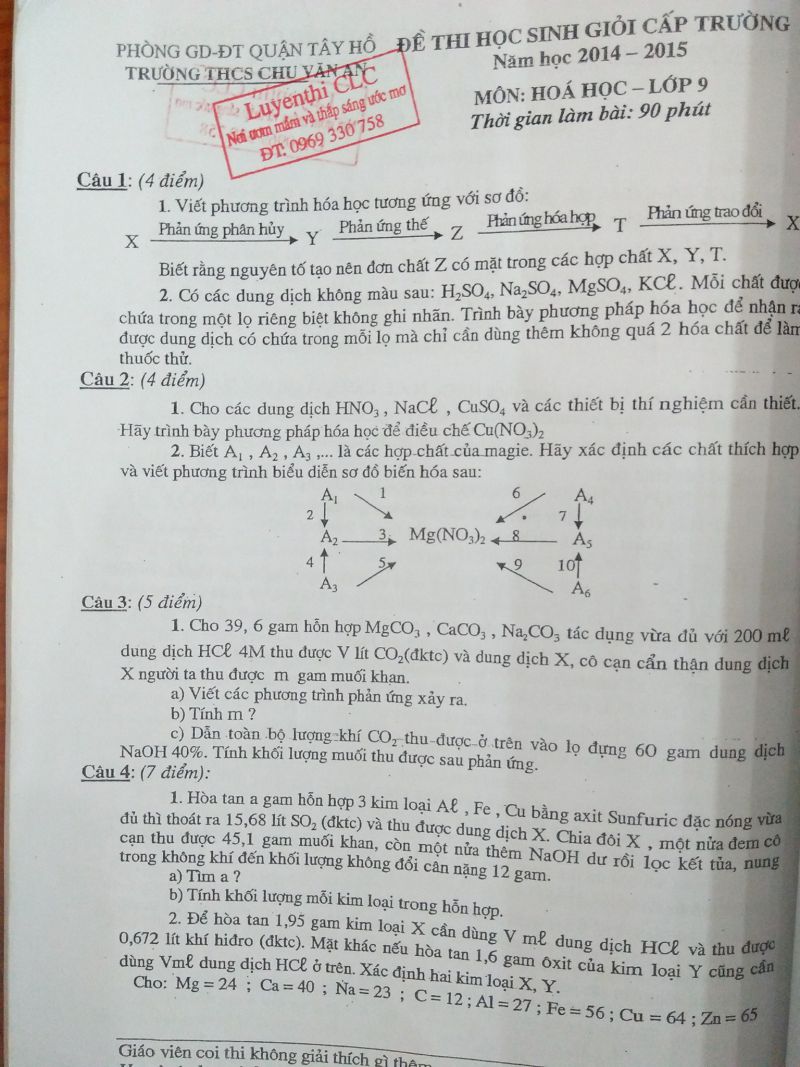 Đề thi HSG cấp trường m&ocirc;n H&oacute;a Học lớp 9 quận T&acirc;y Hồ năm 2014