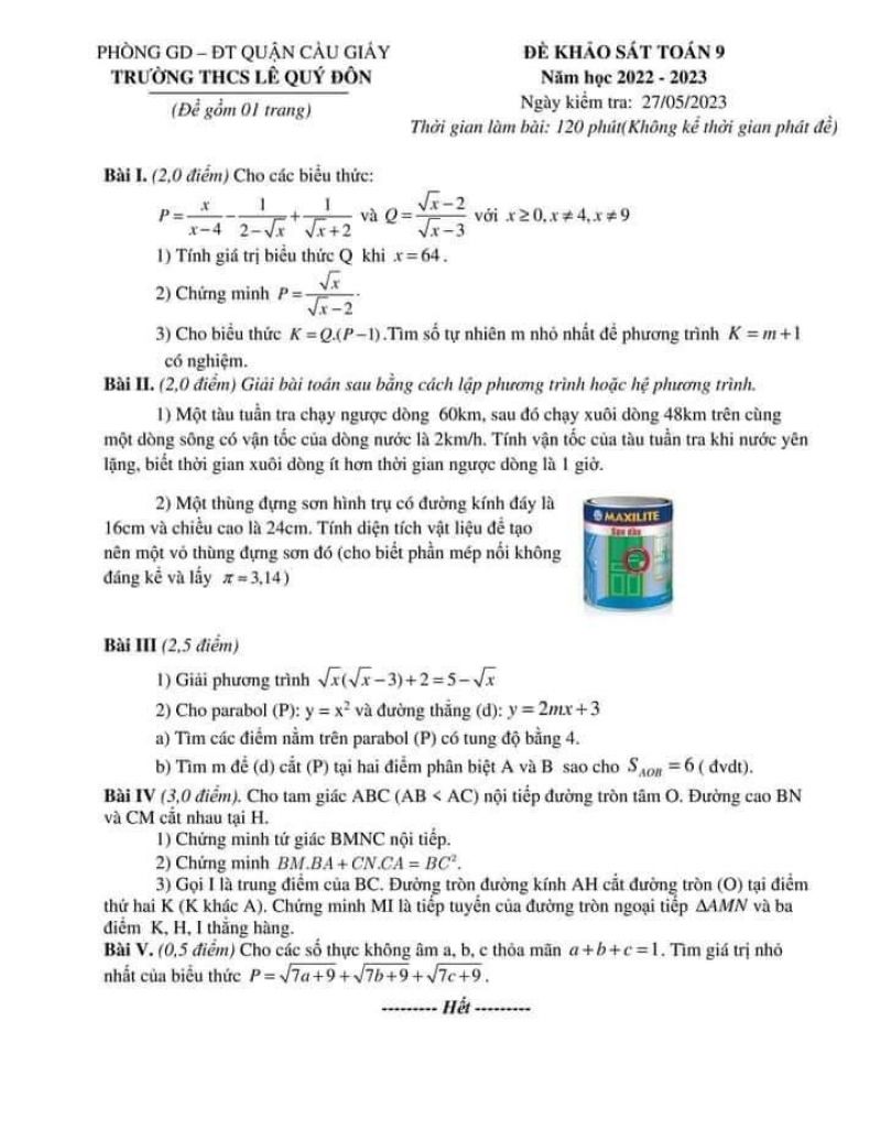 Đề khảo sát và đáp án môn Toán lớp 9 Trường THCS Lê Quý Đôn, quận Cầu Giấy, Hà Nội năm 2023