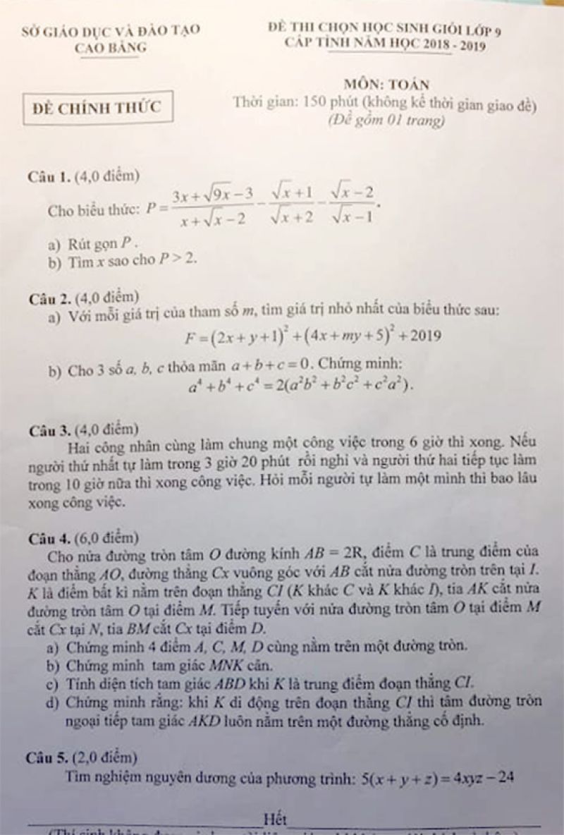 Đề thi chọn HSG lớp 9 cấp tỉnh môn Toán tỉnh Cao Bằng năm 2018