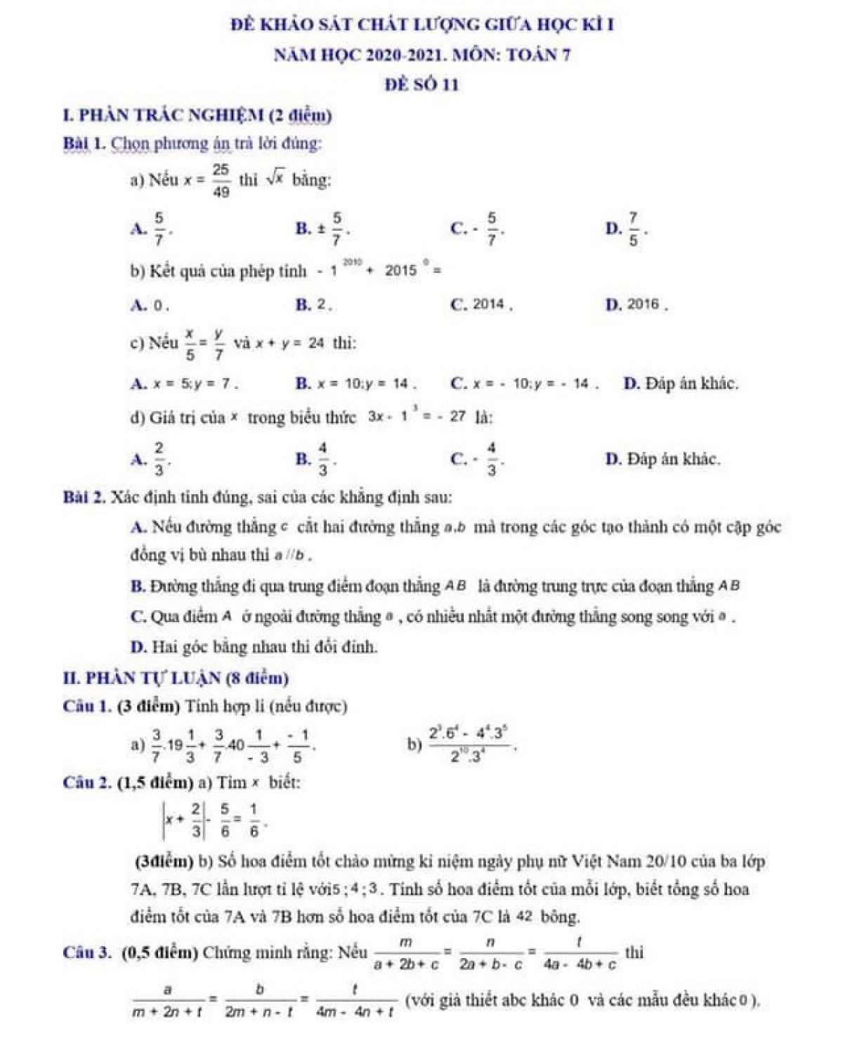 Đề thi khảo s&aacute;t chất lượng giữa học k&igrave; I m&ocirc;n To&aacute;n lớp 7 năm 2021. Đề số 11