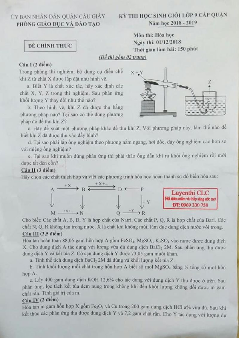 Đề thi HSG lớp 9 cấp quận môn Hóa Học tại Cầu Giấy năm 2018