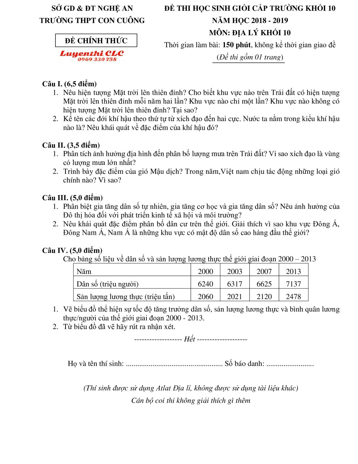 Đề thi HSG khối 10 m&ocirc;n Địa L&yacute; Trường THPT Con Cu&ocirc;ng tỉnh Nghệ An năm 2018
