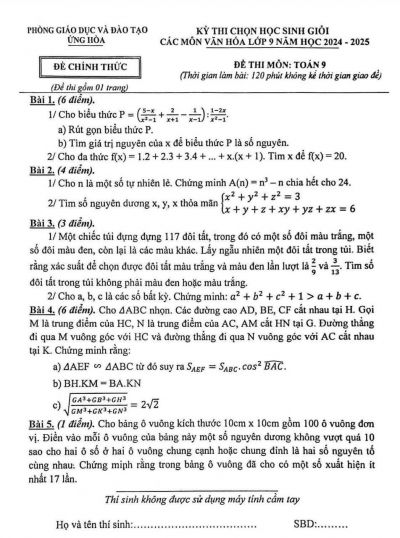 Đề thi chọn HSG môn Toán lớp 9 huyện Ứng Hòa