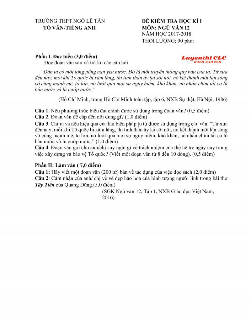 Đề kiểm tra học k&igrave; I v&agrave; đ&aacute;p &aacute;n m&ocirc;n Ngữ Văn lớp 12 Trường THPT Ng&ocirc; L&ecirc; T&acirc;n năm 2017