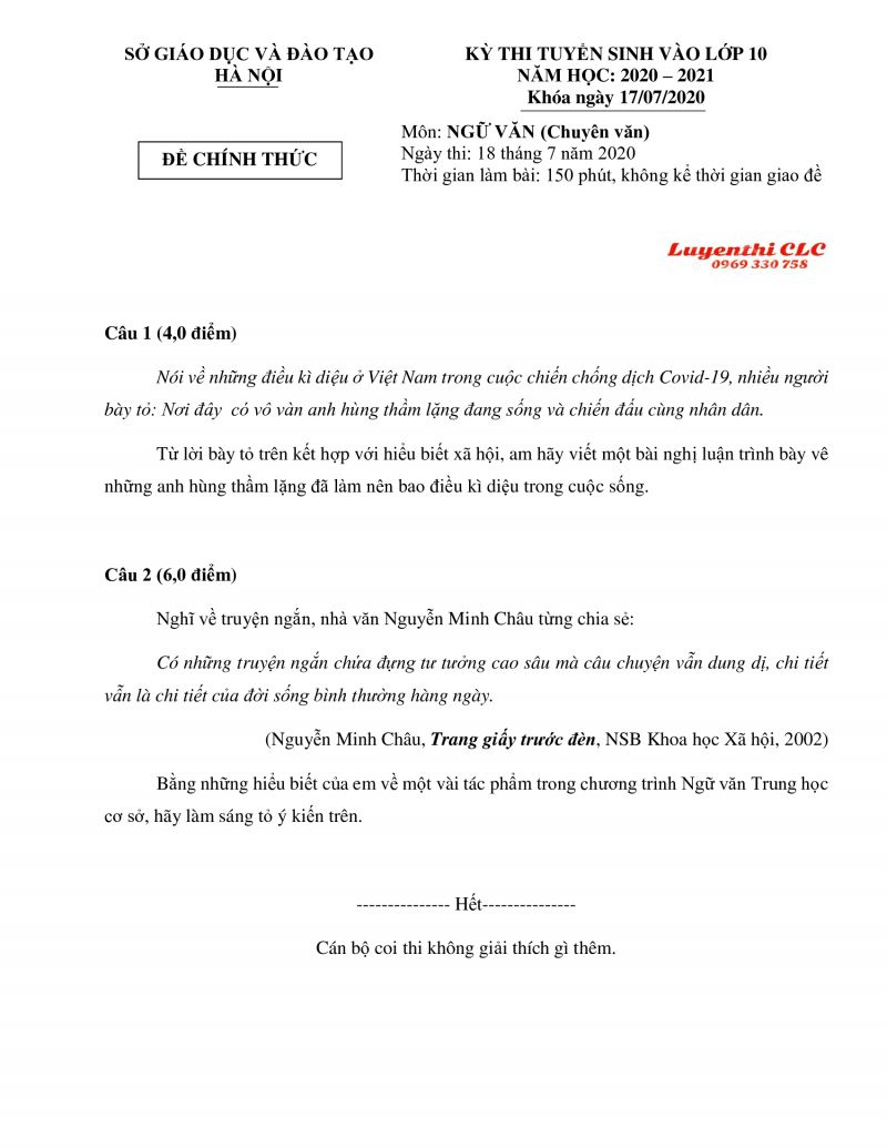 Đề thi tuyển sinh v&agrave;o lớp 10 THPT CHUY&Ecirc;N m&ocirc;n Ngữ Văn tại H&agrave; Nội năm 2020