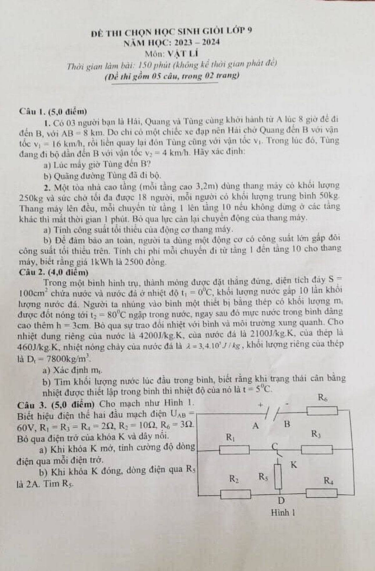 Đề thi chọn HSG và đáp án môn Vật Lí lớp 9 năm 2023