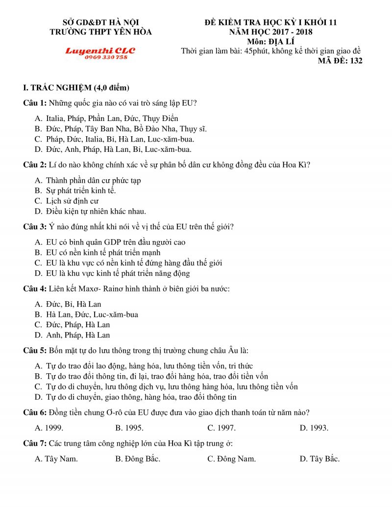 Đề kiểm tra học kì I môn Địa Lí khối 11 Trường THPT Yên Hòa tại Hà Nội năm 2018