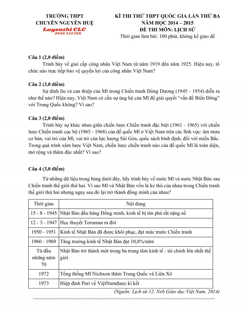 Đề thi thử THPT Quốc Gia lần thứ 3 m&ocirc;n Lịch Sử Trường THPT Nguyễn Huệ năm 2015