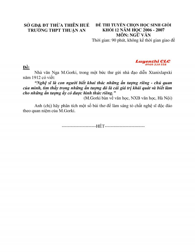 Đề thi tuyển chọn HSG và đáp án môn Ngữ văn khối 12 tại Thừa Thiên Huế năm 2006