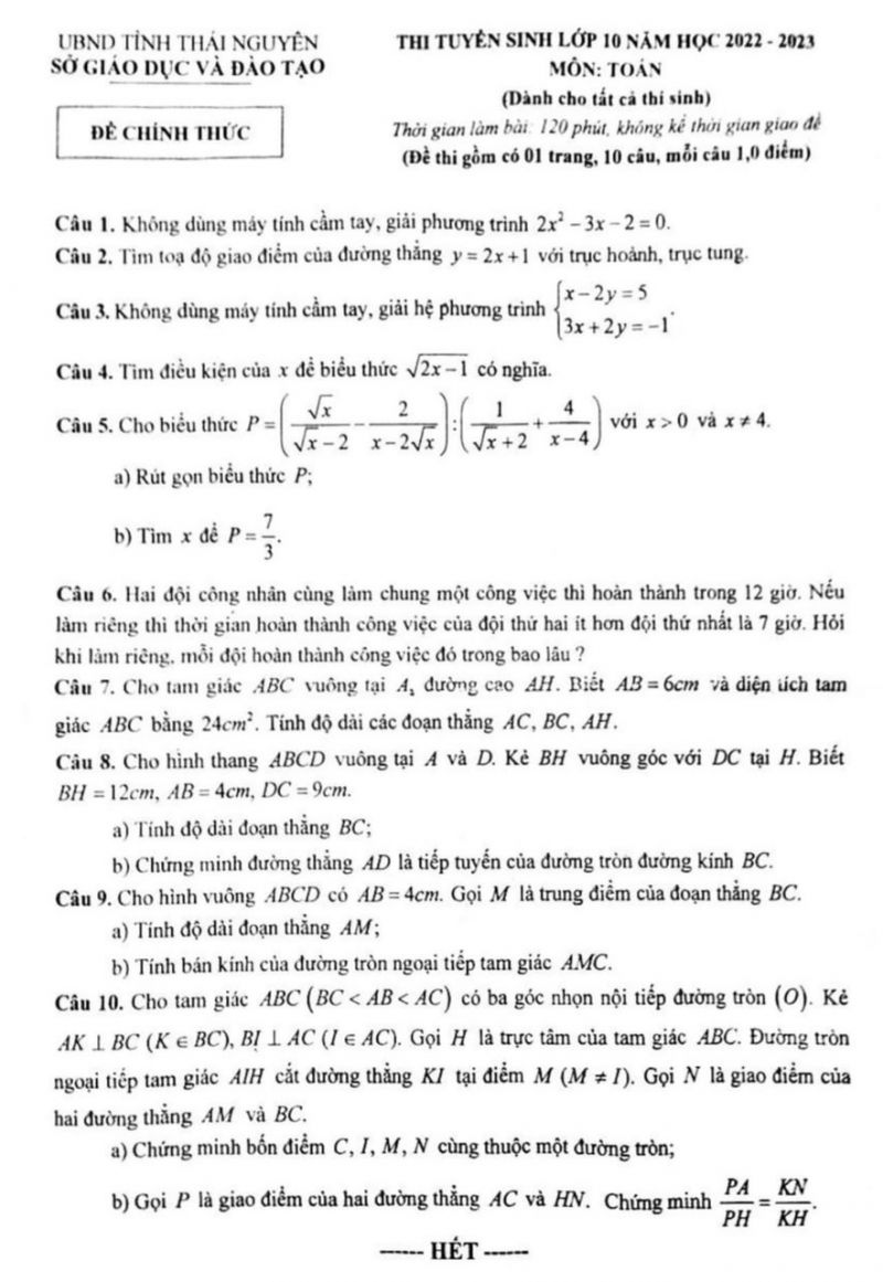 Đề thi tuyển sinh vào lớp 10 môn Toán tỉnh Thái Nguyên năm 2022