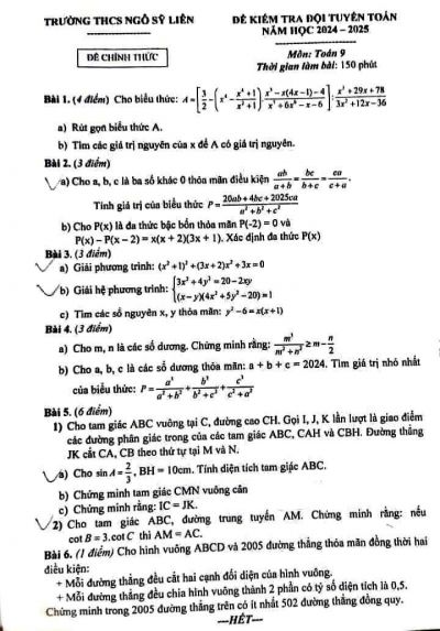 Đề kiểm tra và đội tuyển Toán lớp 9 năm 2024-2025 trường THCS Ngô Sỹ Liên (có đáp án)