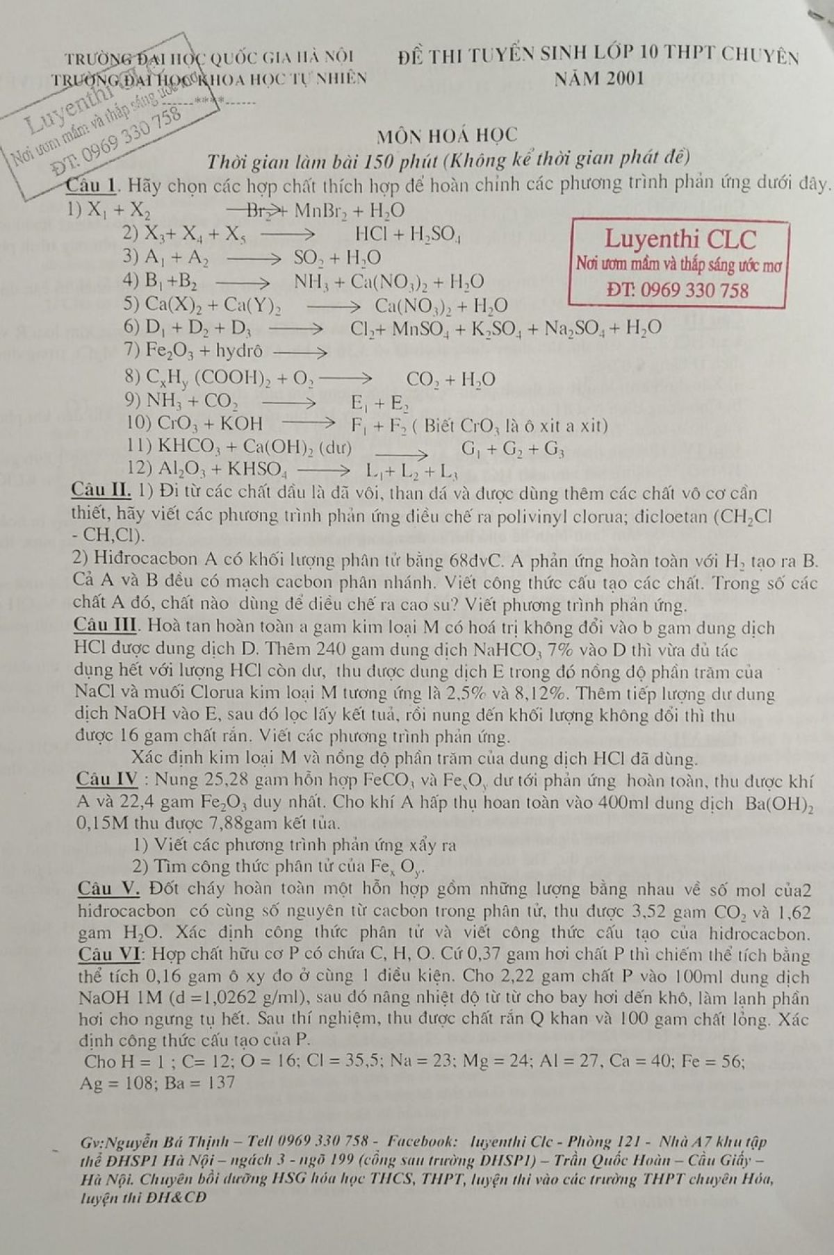 Đề thi tuyển sinh vào lớp 10 THPT CHUYÊN môn Hóa Học Trường Đại học KHTN năm 2001