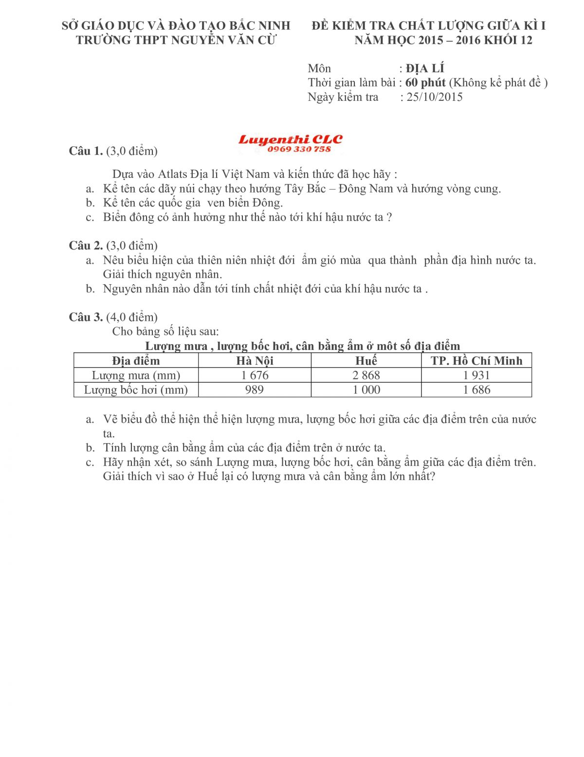 Đề kiểm tra chất lượng giữa học k&igrave; I v&agrave; đ&aacute;p &aacute;n m&ocirc;n Địa L&iacute; khối 12 Trường THPT Nguyễn Văn Cừ tỉnh Bắc Ninh năm 2015