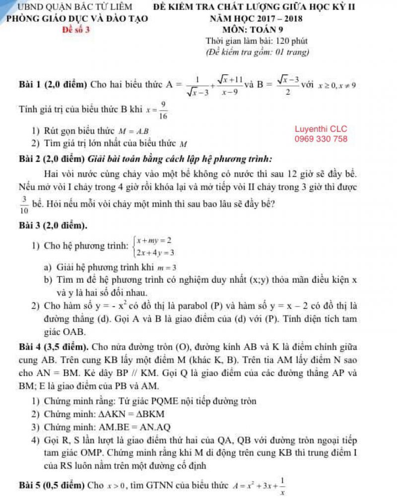 Đề kiểm tra giữa kì II môn Toán lớp 9 quận Bắc Từ Liêm năm 2017