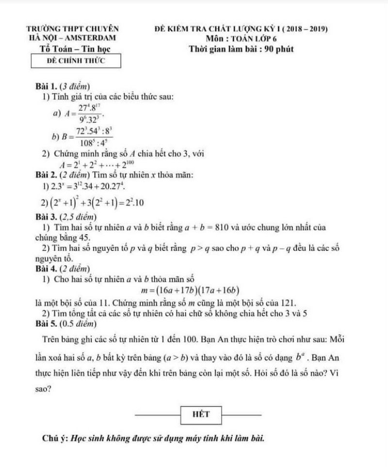 Đề kiểm tra chất lượng học kì I môn Toán lớp 6 Trường THPT CHUYÊN AMSTERDAM năm 2018