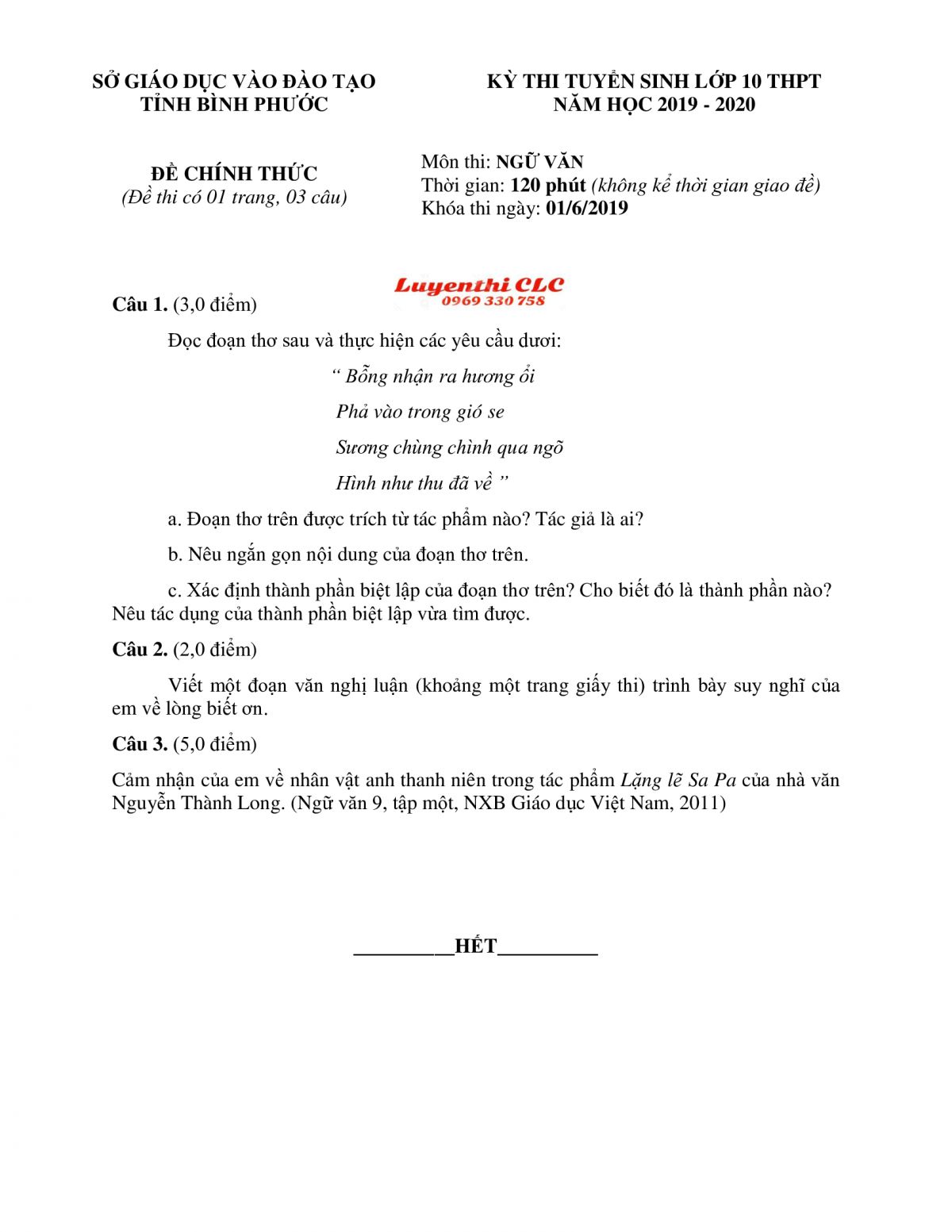 Đề thi tuyển sinh v&agrave;o lớp 10 THPT m&ocirc;n Ngữ Văn tỉnh B&igrave;nh Phước năm 2019
