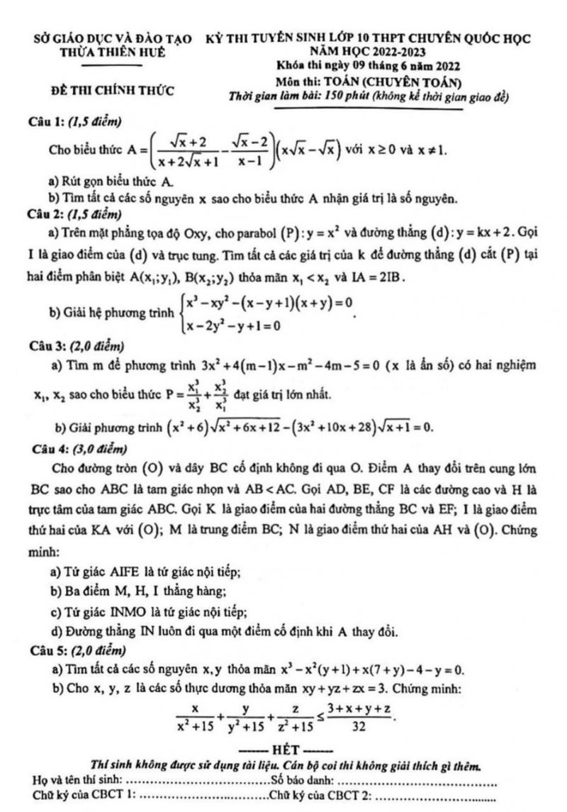 Đề thi tuyển sinh vào lớp 10 THPT CHUYÊN Quốc học môn Toán tỉnh Thừa Thiên Huế năm 2022
