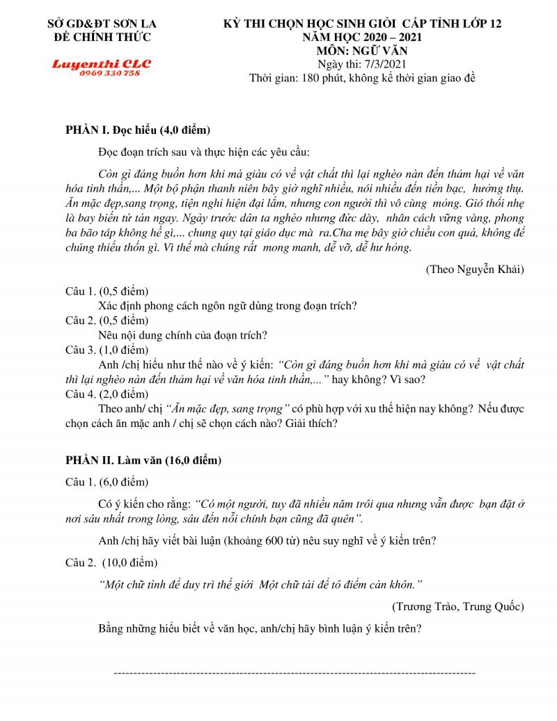 Đề thi chọn HSG m&ocirc;n Ngữ Văn lớp 12 tỉnh Sơn La năm 2021