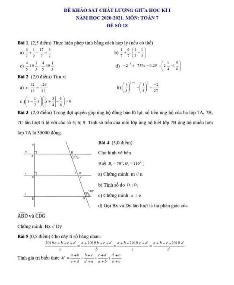Đề thi khảo sát chất lượng giữa học kì I môn Toán lớp 7 năm 2021. Đề số 18