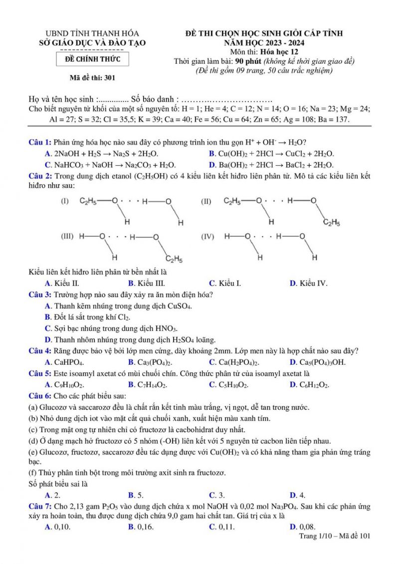 Đề thi chọn HSG và đáp án môn Hóa Học lớp 12 tỉnh Thanh Hóa năm 2023