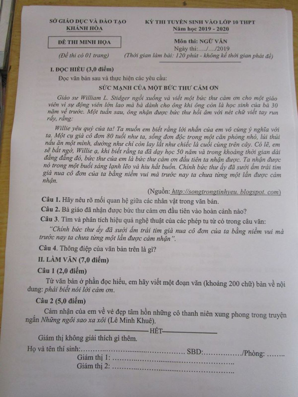 Đề minh họa đề thi tuyển sinh v&agrave;o lớp 10 THPT m&ocirc;n Ngữ Văn tỉnh Kh&aacute;nh H&ograve;a năm 2019