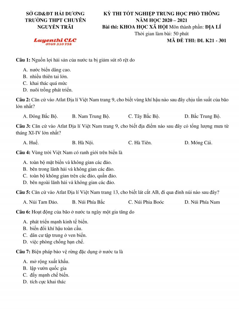 Đề thi thử tốt nghiệp THPT Quốc Gia và đáp án môn Địa Lí Trường THPT CHUYÊN Nguyễn Trãi tỉnh Hải Dương năm 2020