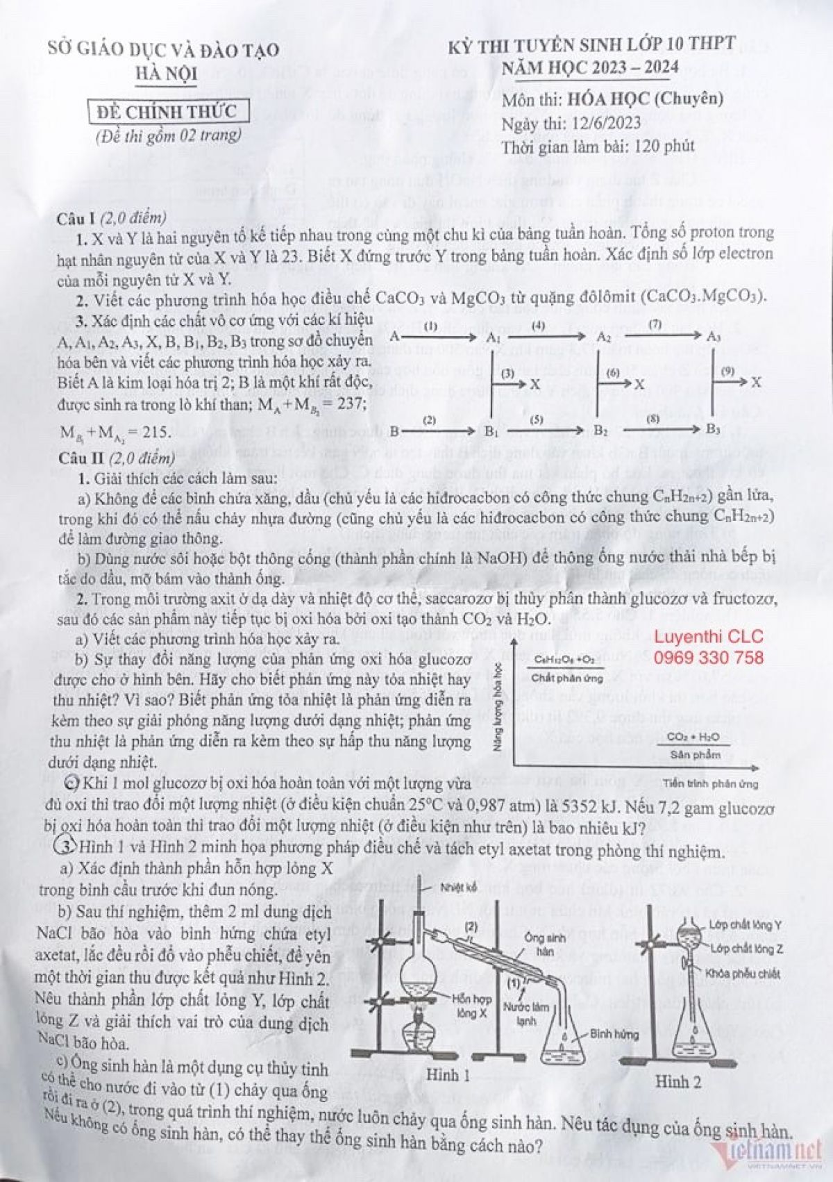 Đề thi tuyển sinh vào lớp 10 THPT môn Hóa Học (Chuyên) tại Hà Nội năm 2023
