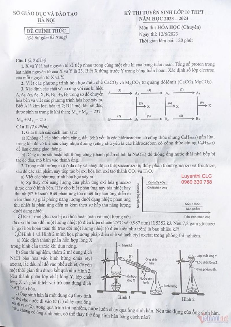 Đề thi tuyển sinh v&agrave;o lớp 10 THPT m&ocirc;n H&oacute;a Học (Chuy&ecirc;n) tại H&agrave; Nội năm 2023